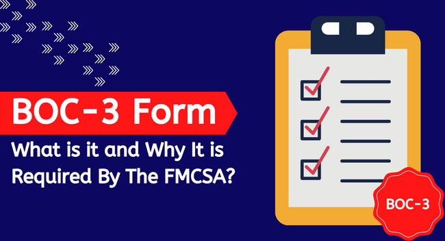 BOC-3-Form-What-is-it-and-Why-It-is-Required-By-The-FMCSA A clipboard displays a checklist with five items, each marked with a red check. Surrounding text reads: “BOC-3 Form: What is it and Why It is Required By The FMCSA?” and “BOC-3.” The blue background features arrow patterns.