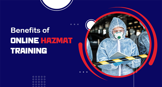 Benefits-of-Online-Hazmat-Training-1 Person in protective gear and mask holds hazard tape, emphasizing safety training. Text reads, "Benefits of ONLINE HAZMAT TRAINING," highlighting the importance of virtual learning for handling hazardous materials.