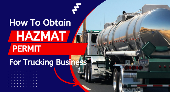 How-To-Obtain-A-HAZMAT-Permit-For-Your-Trucking-Business A shiny tanker truck drives along a highway under clear skies. Large text reads, "How to Obtain HAZMAT Permit For Trucking Business".