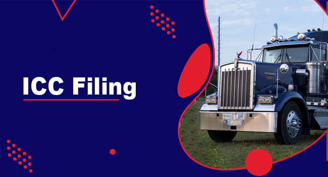 A large semi-truck, parked on grass, is partially framed by a blue and red graphic design. Bold text reads "ICC Filing," relating to USDOT services for transportation compliance.