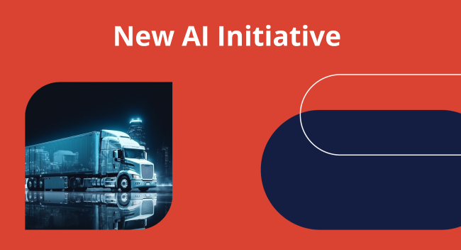 A futuristic truck, illuminated against a city skyline at night, reflects on a wet surface. Text reads "New AI Initiative" on a red background, hinting at advancements.