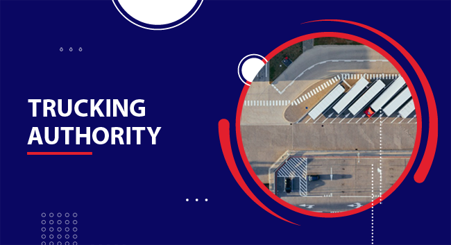 Trucks are parked in a neat line within a rest area from an aerial viewpoint. The blue background includes bold text: "TRUCKING AUTHORITY".