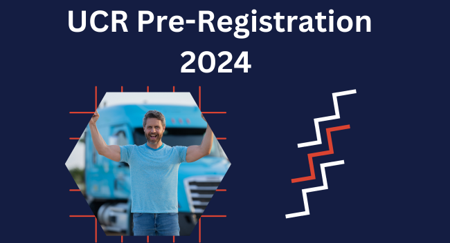 UCR-2024 A smiling man in a blue shirt stands confidently in front of a large blue truck. The text reads "UCR Pre-Registration 2024". Red and white chevrons add a dynamic touch.